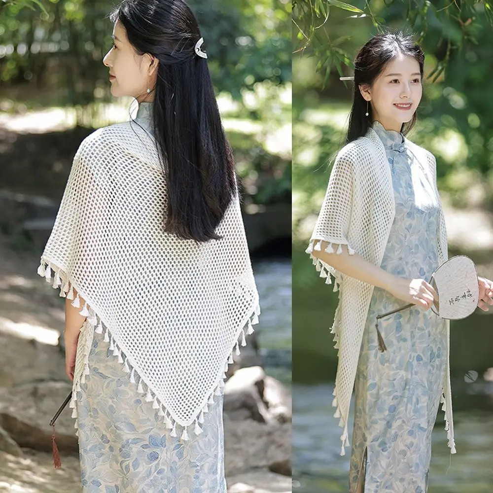 

Trendy Tassel Long Knitted Shawl Hollow Out Chinese Style Open Cardigan Luxury Simple Sunscreen Outerwear Spring Autumn