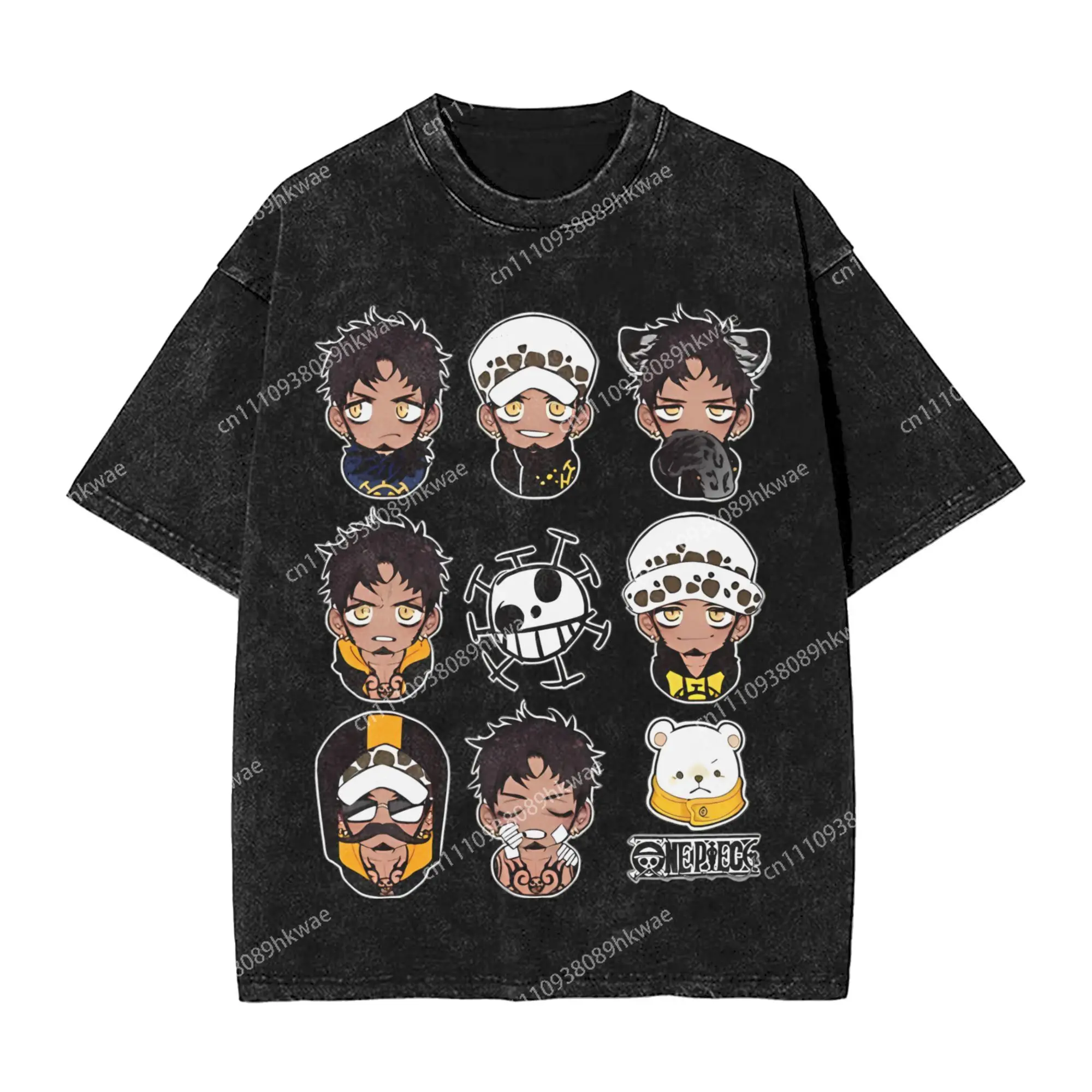 One Piece Trafalgar Law Facial Expression Challenge Washed T Shirt Streetwear T-Shirt  Tees Tops Men Women Cotton Printed