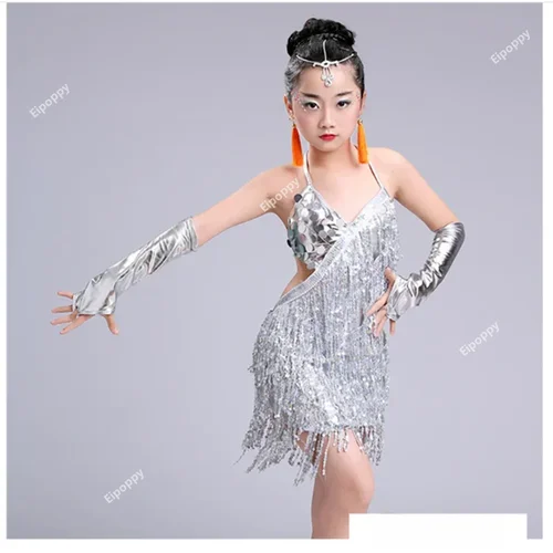 Imagen 2 del producto Vestido de baile latino con flecos y lentejuelas para niña, traje Sexy para bailar Salsa, Tango, Cha, Rumba y Samba