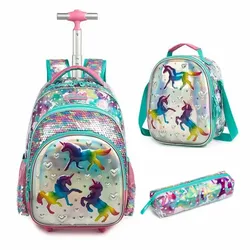 Children School Backpack with Wheels School Bag Set Girls Elementary Student Sequin Backpack Travel Luggage Trolley Bags