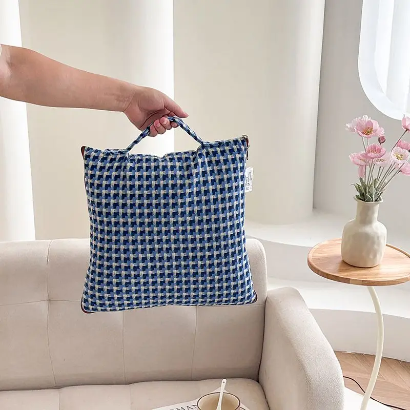 Portable Blue Houndstooth Pattern Pillow Blanket, Soft Woven Fabric Foldable Travel for Couch Sofa Office, Lightweight