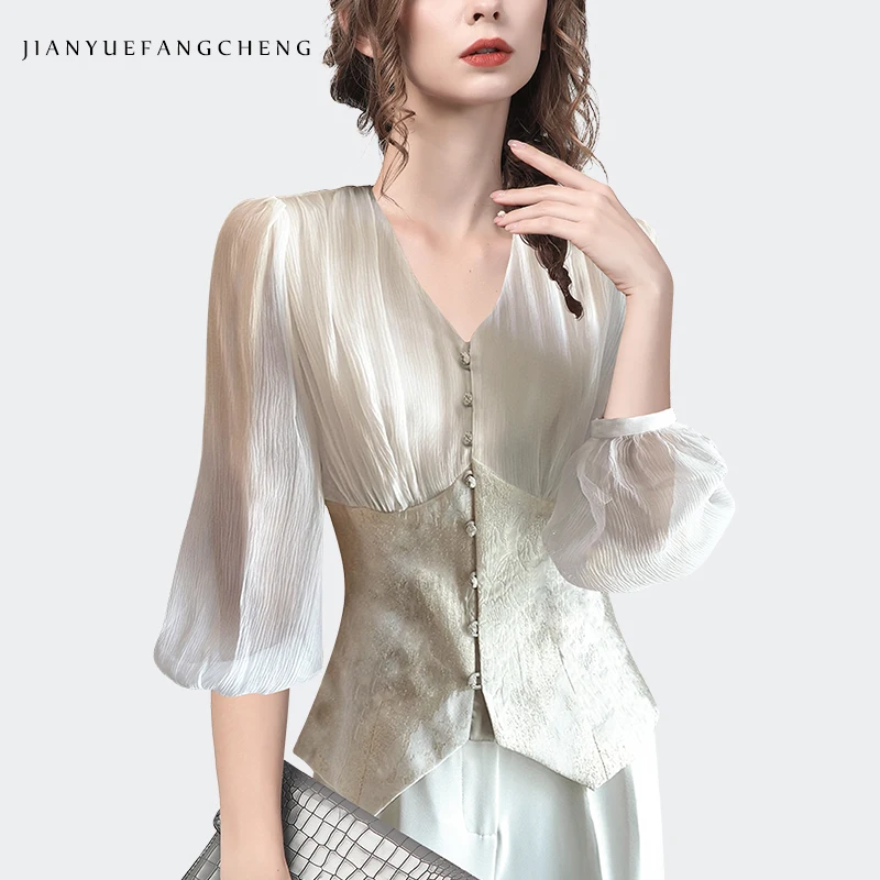 Vintage Court Style Women Chiffon Jacquard Shirt Lantern Sleeve V-Neck 2022 Spring Summer Tops Elegant Slimming-Fit Fashion Chic