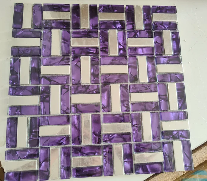 Purple Glass Silver Metal Mosaic Backsplash Stainless Steel SSMT025 Metallic Bathroom Kitchen Wall Tile