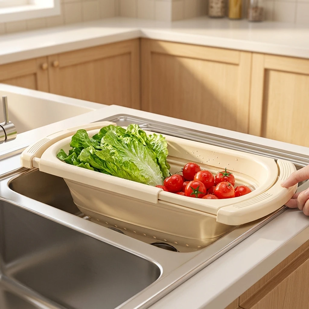 Expandable Drain Basket Versatile for Kitchen Sink Food Grade Collapsible Colander Vegetable Washer Dish Drying Rack Tool