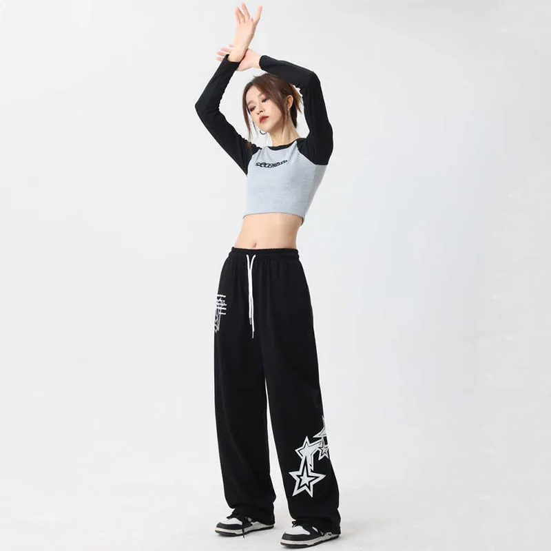 Hip hop streetwear jogging oversize sweatpants feminino novo cordão elástico da cintura estrelas perna larga baggy calças esportivas casuais