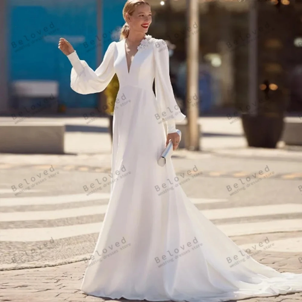 Modest Wedding Dresses Glamorous Bridal Gowns Long Puff Sleeves Robes Sweep Train Chiffon Elegant Graceful Vestidos De Novia