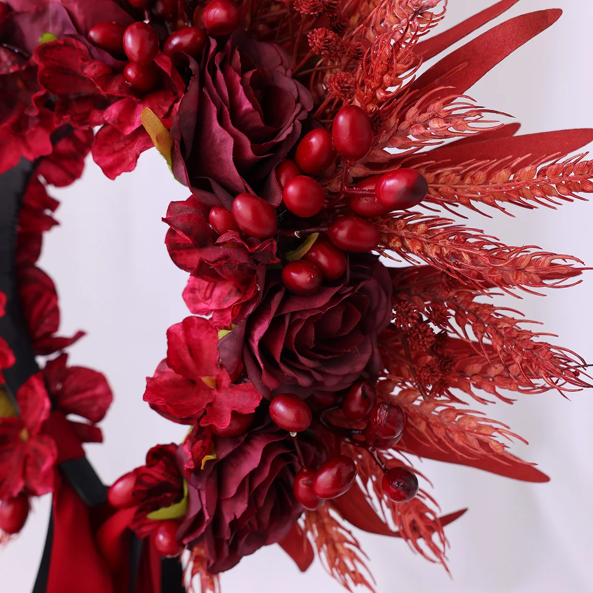 Handmade Red Artificial Flower And Wheat Ear Hairband With Long Silk Tassel Festive Accessory for Women