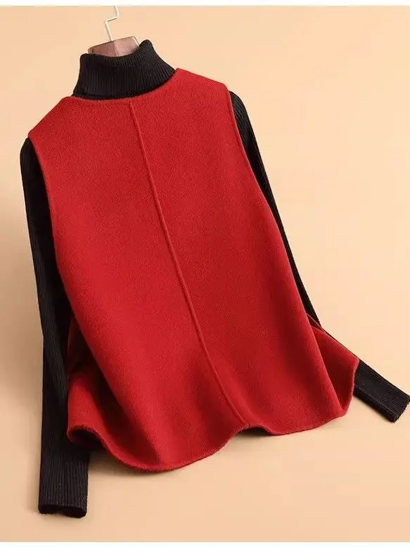 New Chinese Style Elegant Wine Red Woolen Vest Women's Loose Sleeveless Outerwear Autumn Winter Vintage Hong Kong Style