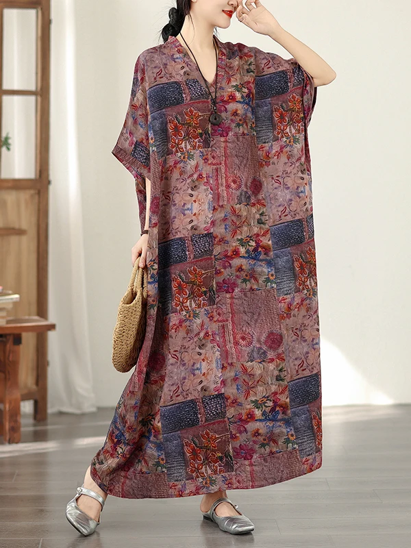 

Летнее женское платье из хлопка и льна с цветочным принтом, V-образным вырезом, свободного кроя, с коротким рукавом, в этническом стиле, повседневное, для путешествий, туника, платье-халат