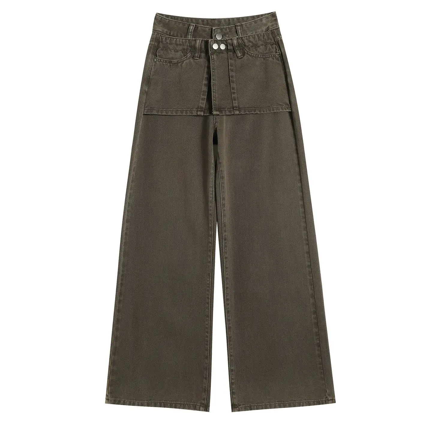 وهمية 2 صور السراويل البضائع غير رسمية النساء خمر المرقعة عالية الخصر بنطلون مستقيم 2025