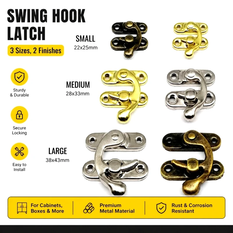 6pcs Jewelry Chest Gift Box Wooden Case Hasp Latch Toggle Clasp Leather Bag Suitcase Closure Lock 3 Sizes Colors with Screws