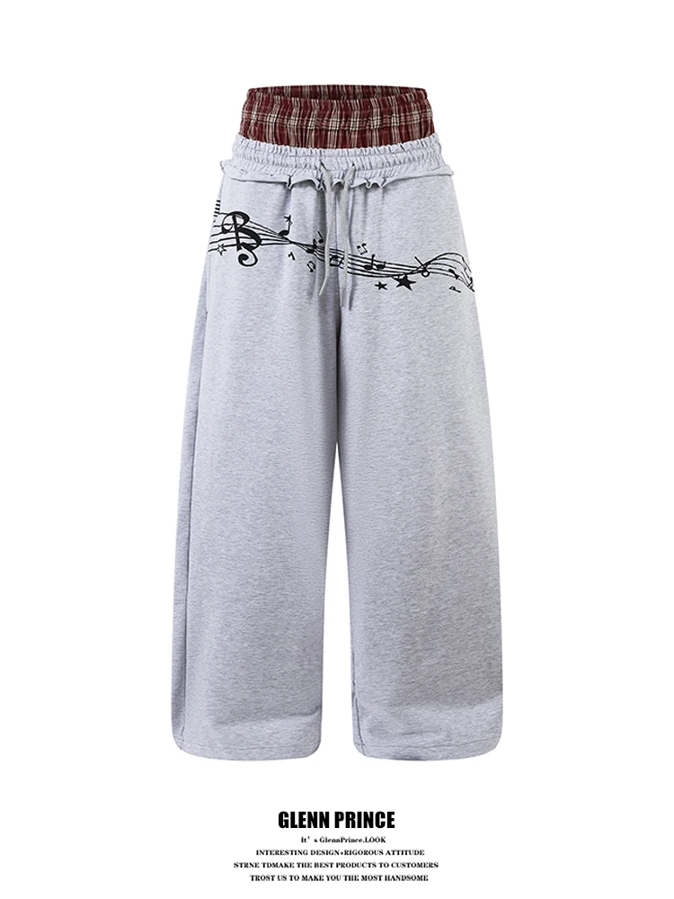 

Loose Men's Graffiti Patchwork Plaid Sports Pants American Style Hip Hop Lazy Straight Leg Trousers Breathable Cotton Polyester
