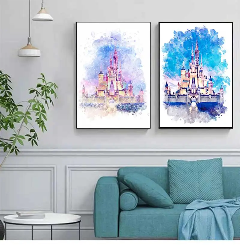 Arte de pared para guardería, pintura en lienzo de Castillo de dibujos animados, decoración para habitación de niños, decoración para fiesta de cumpleaños, Castillo de acuarela, arte de princesa