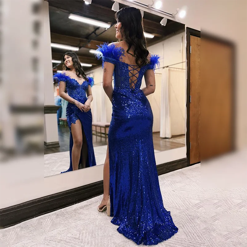 Vestido de noite sem ombro com penas para mulheres, vestidos de baile até o chão, elegante fenda de lantejoulas ilusionista, azul