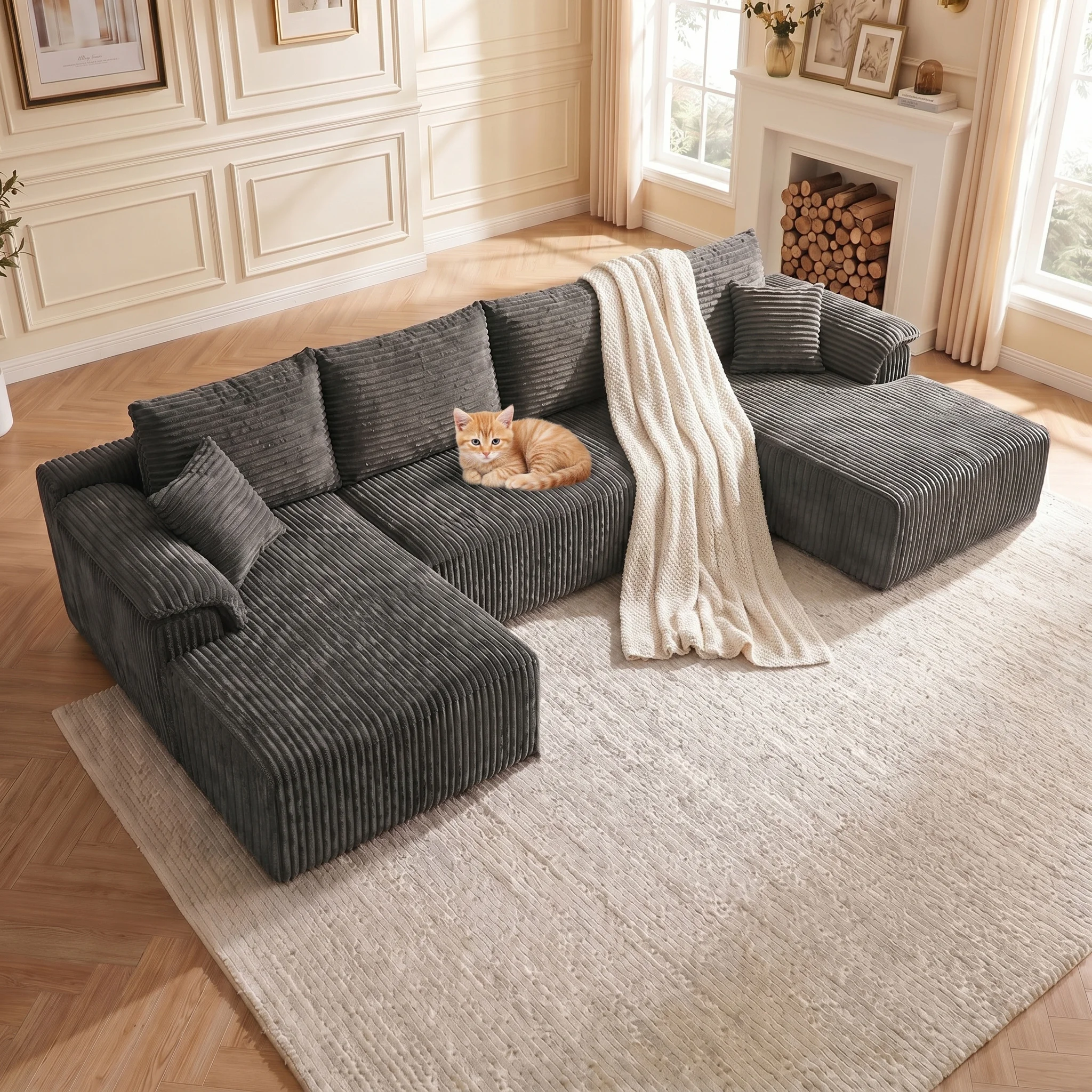 Oversized Vertical Striped Corduroy Modular Sofa, Freely Combinable U-Shaped Corner Sectional with Chaise Lounge, Luxury Cloud Deep Seat Fabric Couch, No Assembly Lazy Sofa with Throw Pillows for Living Room & Apartment, Ideal for Family Gatherings