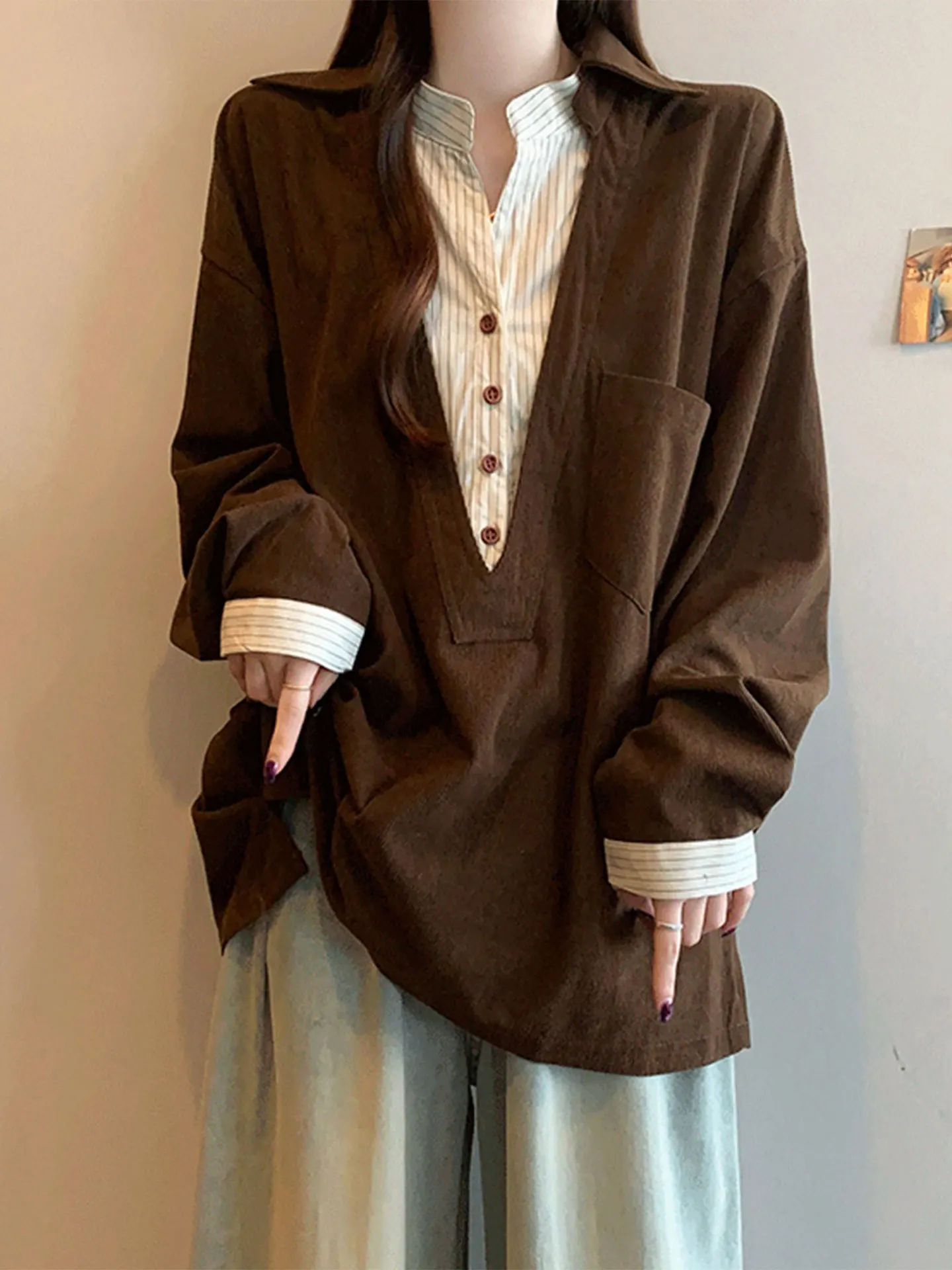 

V-Ne Long Sve Striped Patchwork irt Women's Casual Sle plus Size Spring Faionable Top Casual Wind Loose Fit