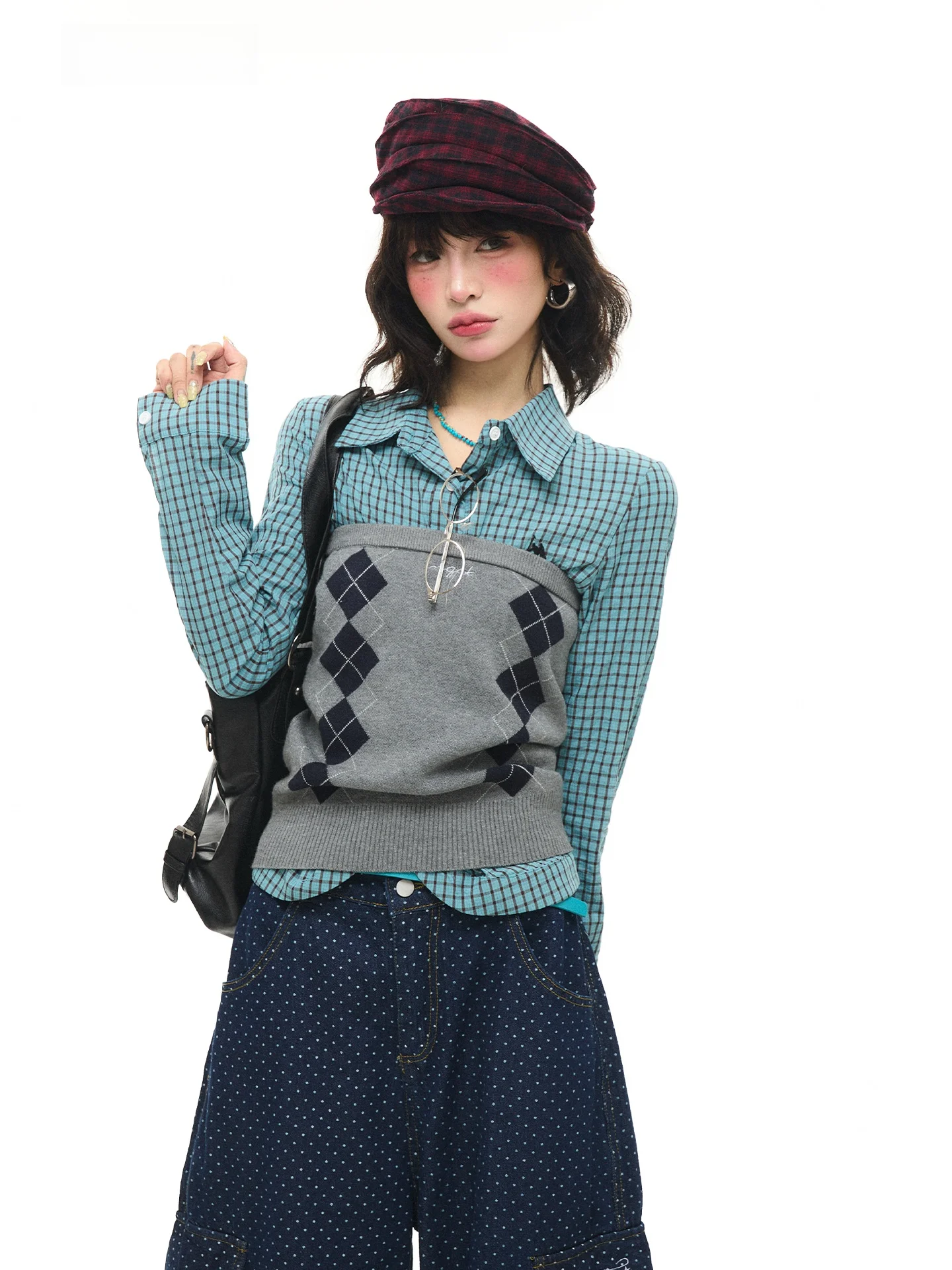 

Женский корейский ретро-жилет Astrsk, летний укороченный топ-рубашка с ромбовидным узором, дышащий, из комфортного материала