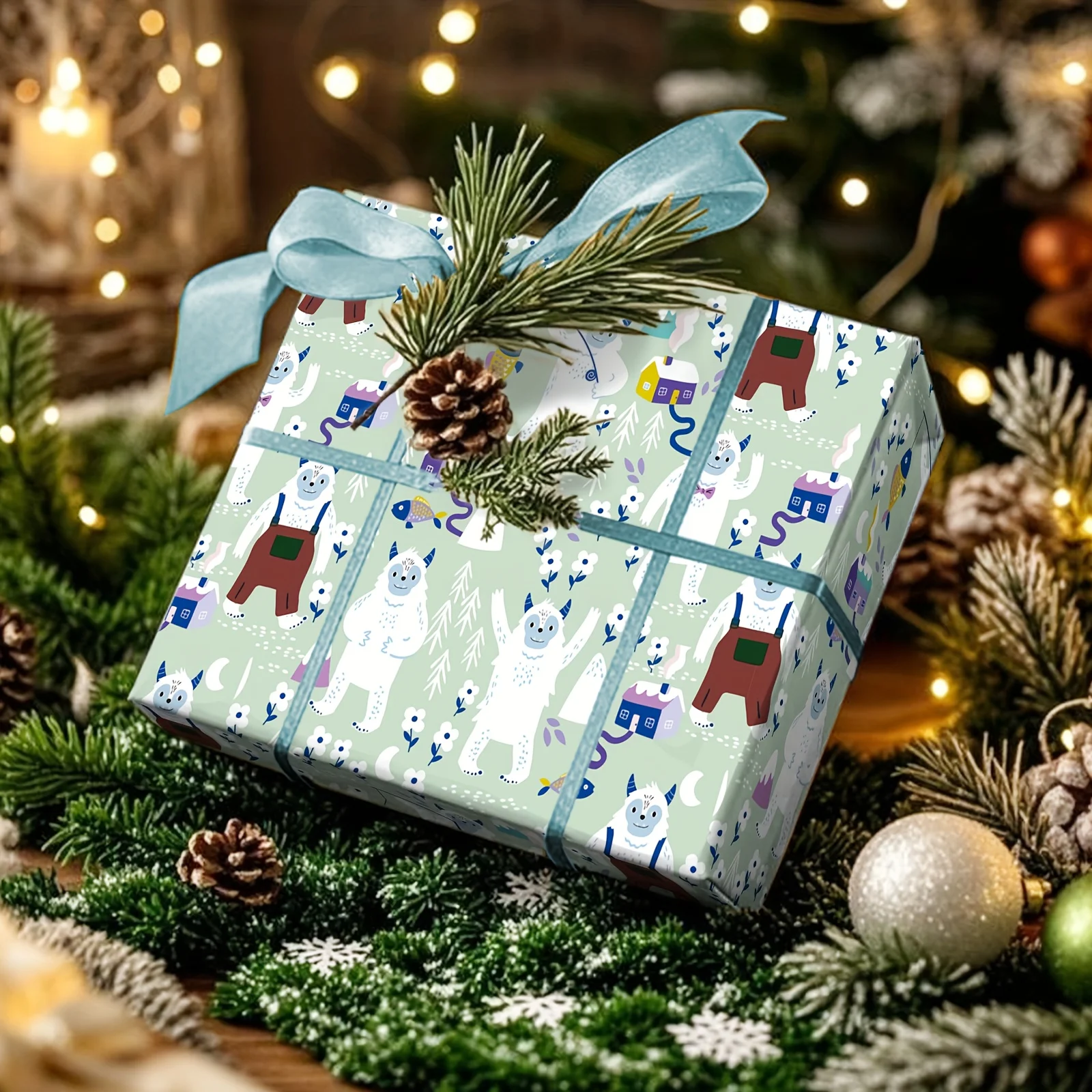 1 Roll of Cute Snow Monster Christmas Wrapping Paper |   Light Green Background with Snow Monster Hut Pattern, Suitable for Christmas Gift Wrapping, Winter-Themed Parties, Children's Gift Decoration, and Holiday Atmosphere Setup - 43cm × 500cm (17inch × 16.4 Feet)