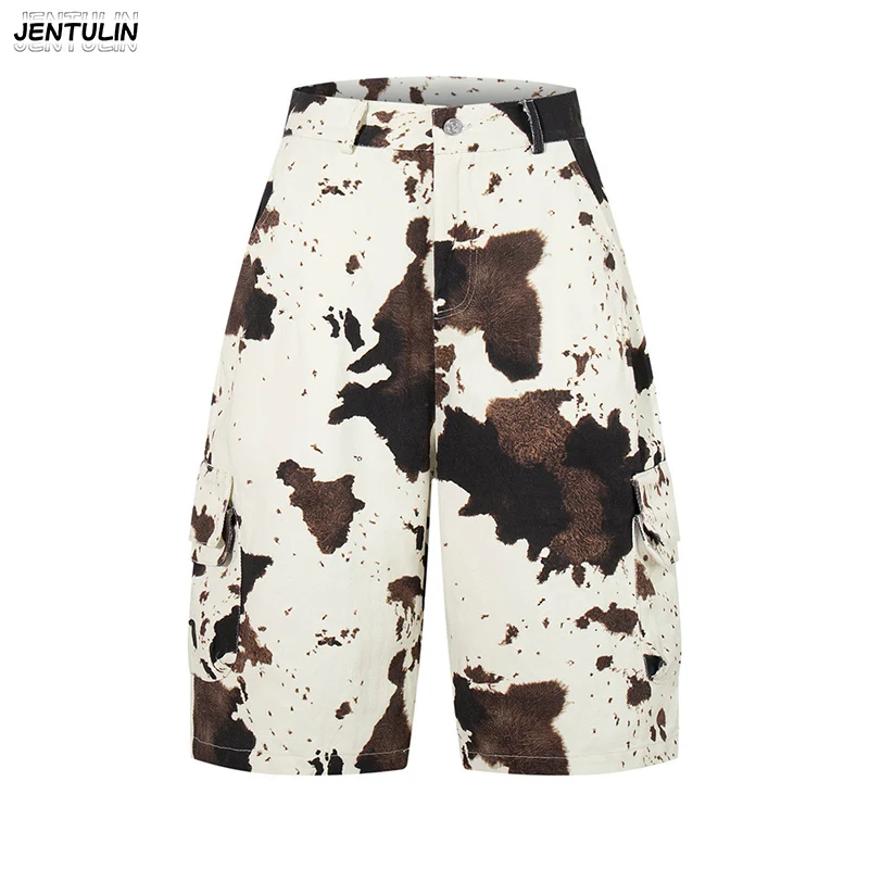 Color Blocking Cow Pattern Tie Dye Camouflage Denim Cropped Pant Loose Summer Men Fashion Brand Multi Pocket Workwear Short Pant