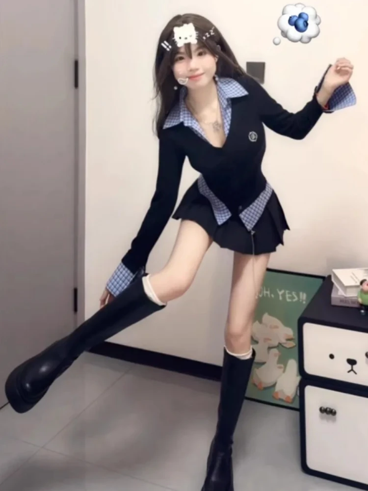 

Slimming High Waist Plaid Patchwork Long Sve Top And Skirt Korean Sle Faion Set for Women Spring 2025