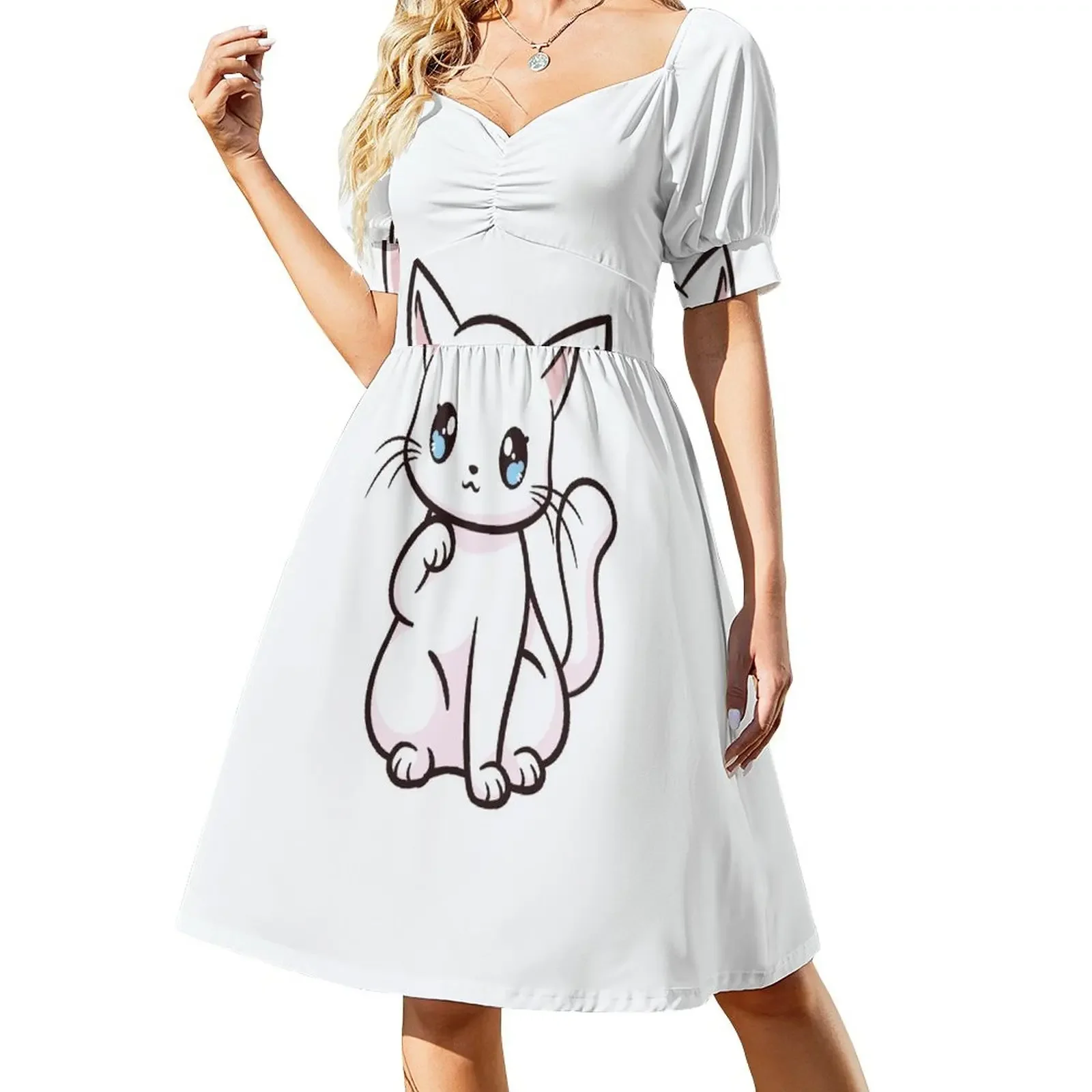 

Cute Kawaii White Cat Neko Short-Sleeved Dress sexy short dresses daring summer clothes for women Clothing female