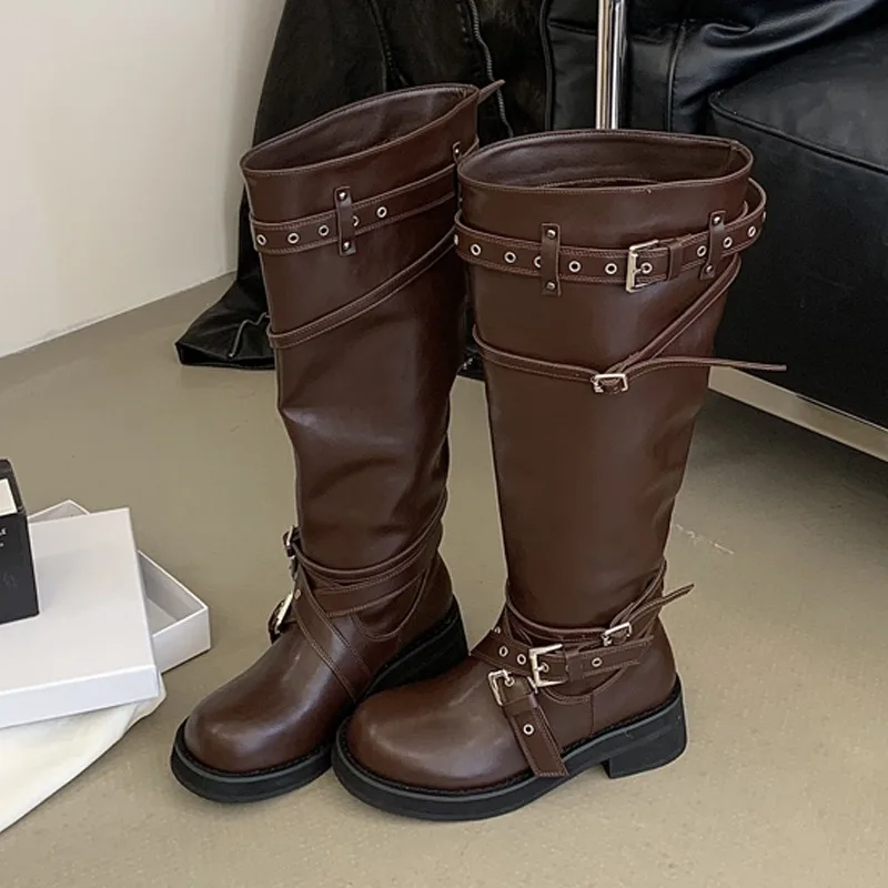 Eilyken Street Design Multi Belt Metal Buckle Knee-High Boots Women Low Heels Shoes Fashion Hot Girl Motorcycle Knight Booties