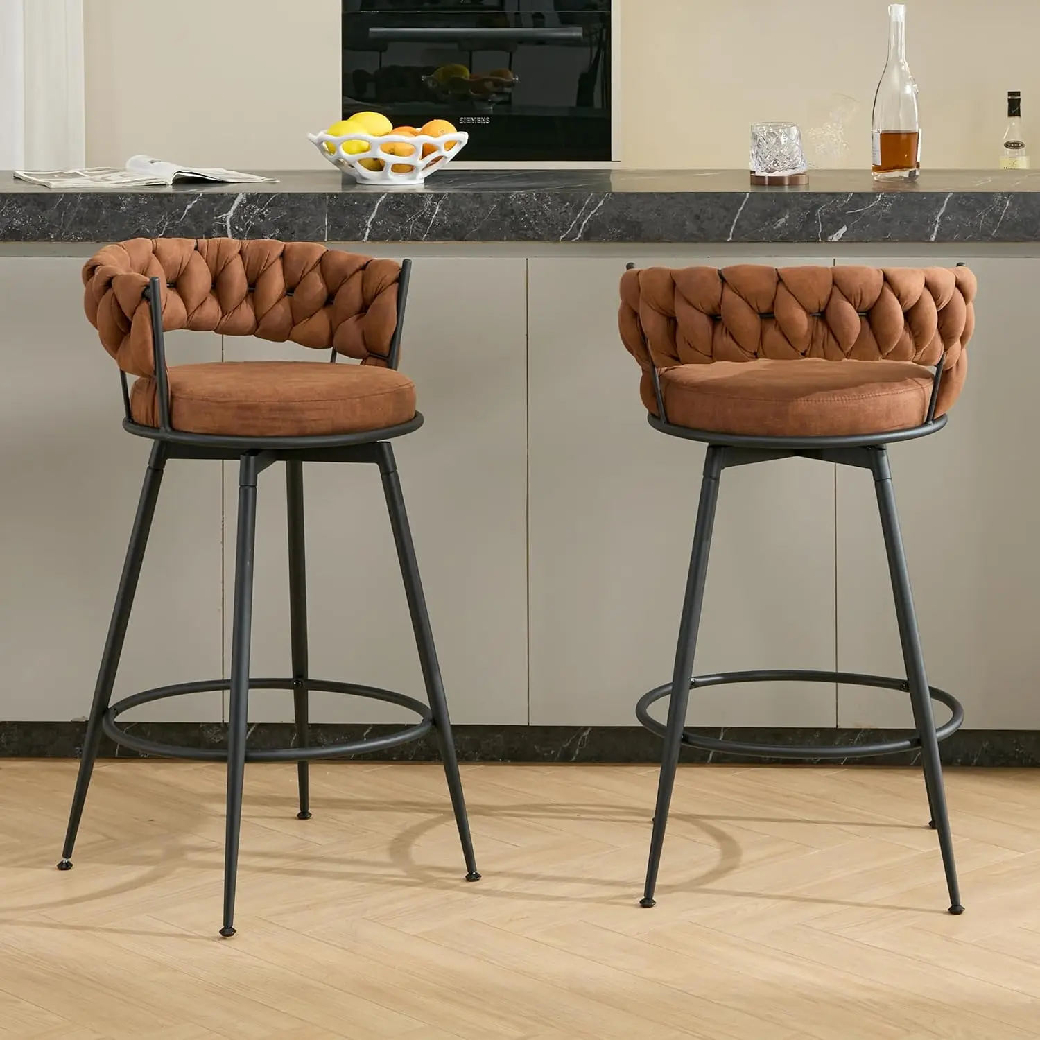 

360° Swivel Bar Stools Set of 2, 28inch Counter Height Bar Stools Modern Barstools with Woven Back and Suede Fabric