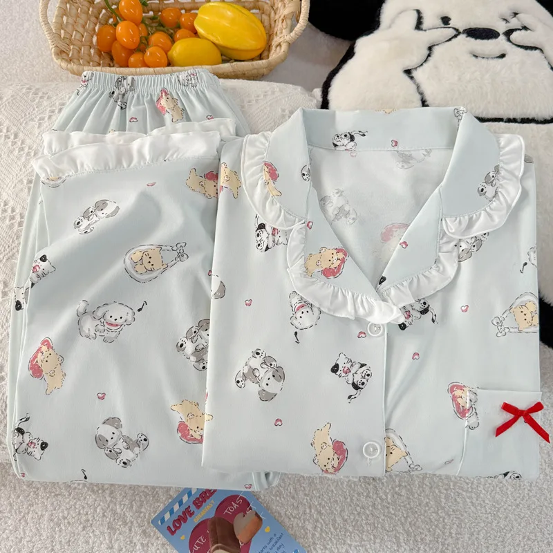 

Women Cute Lace Cartoon Puppy Pajama Set Spring Autumn 2 Piece Homewear Pyjama Sleepwear Long Sleeve Pants Pijama Pjs Loungewear