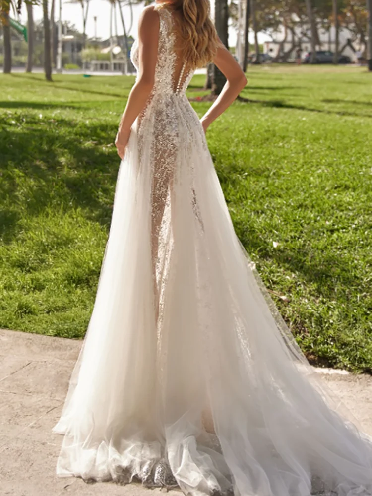 Abiti da sposa da sposa di lusso con scollo a V increspato con paillettes senza maniche pieghe a-line abiti da sposa personalizzati