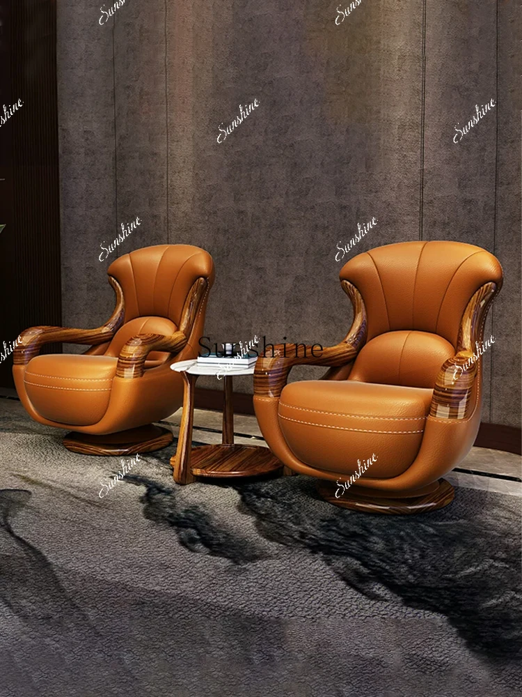Ebony single rotatable casual solid wood living room balcony bedroom high backrest leather sofa chair  FT