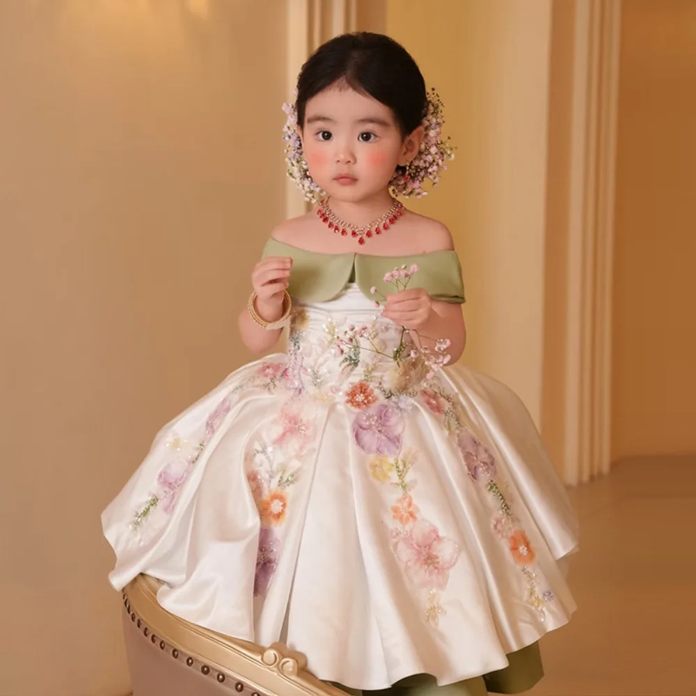 Off-the-Shoulder Avocado Green Satin Floral Applique Flower for Wedding Flower Girl Toddler Birthday Performance Gown
