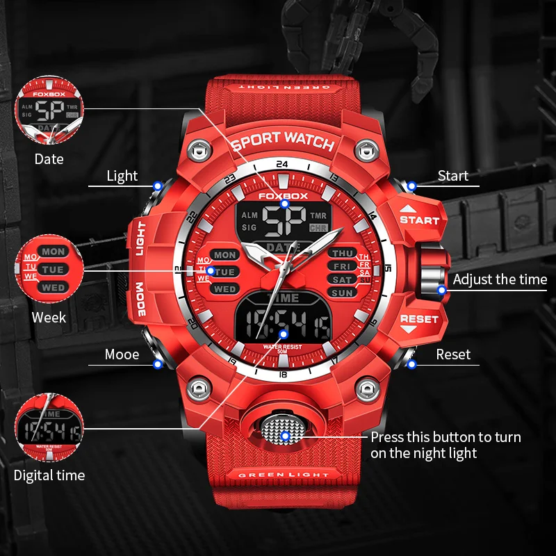 FOXBOX Men's Watches Military Watch Sports Chronograph Waterproof Quartz Clock Digital Watches for Men BOX Clearance Products