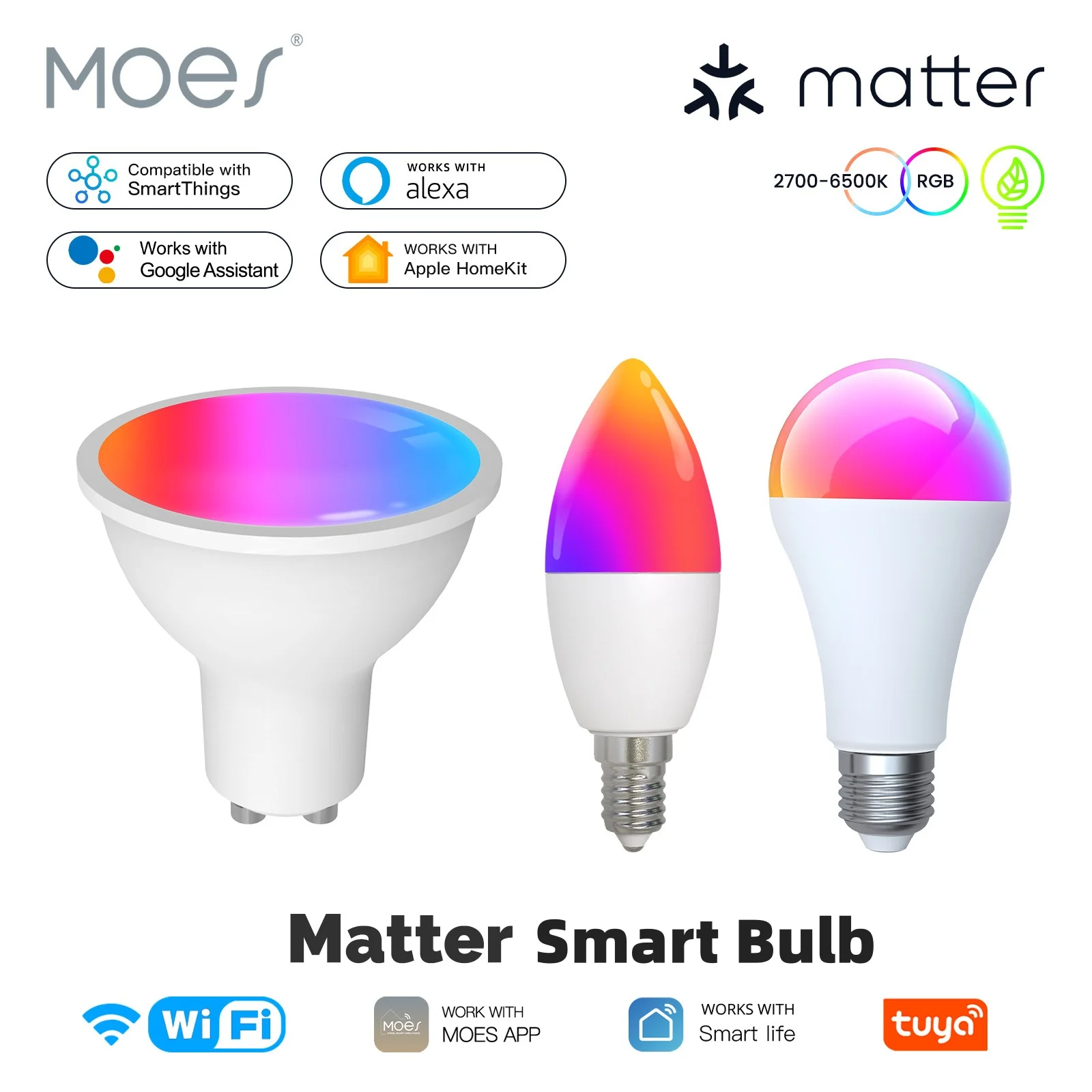 MOES Matter WiFi Smart LED Bulb RGB‑CCT Dimmable Lamp Work with Alexa Apple HomeKit Google Home