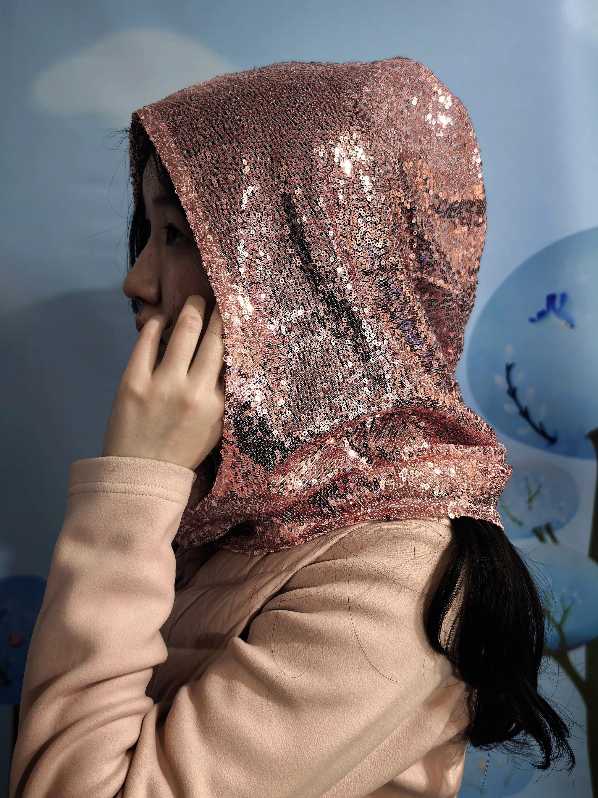 Spring New Style Red Sequin Head Wrap Large Circumference Sunshade Hat Halloween Stage Performance Head Veil Matching
