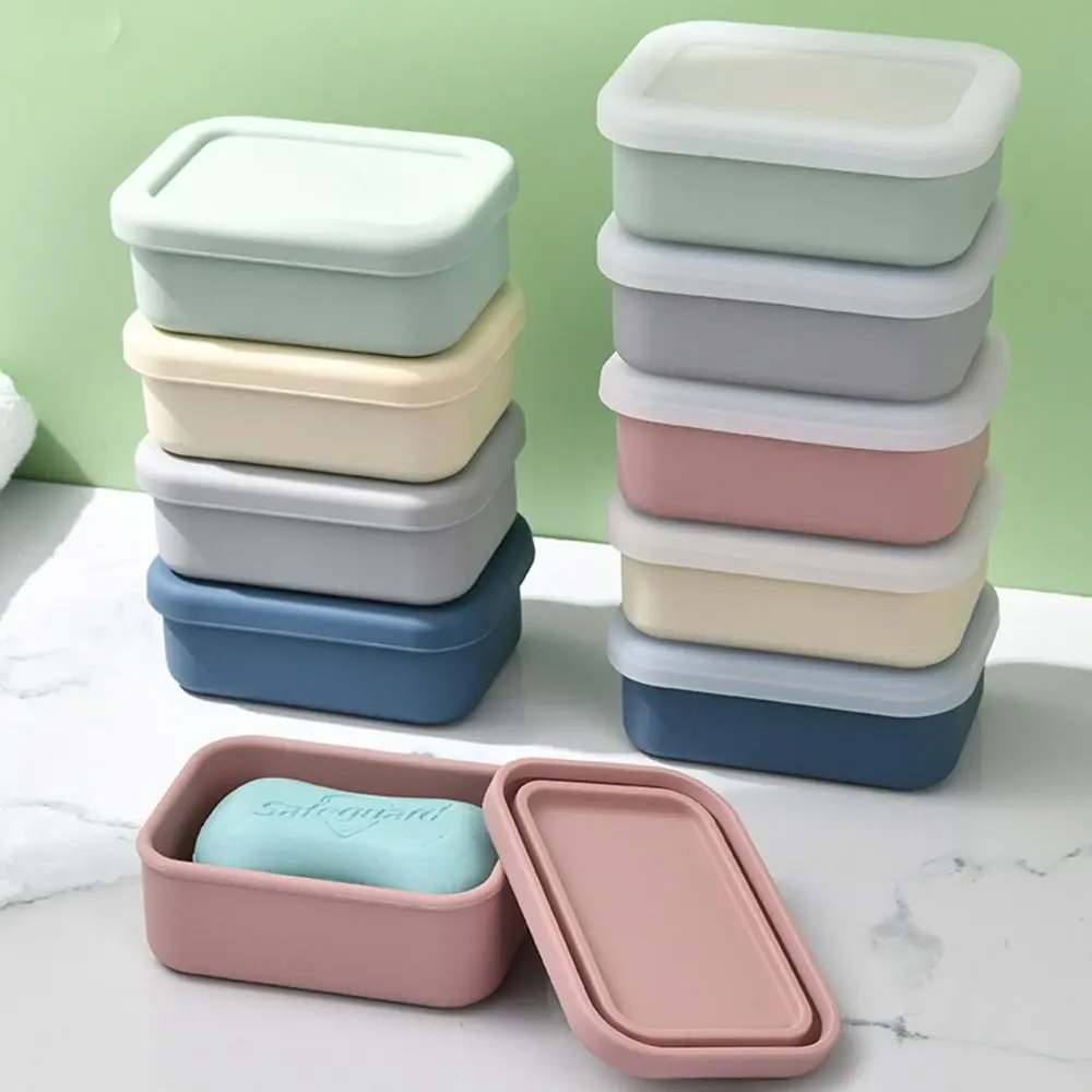 Multifunction Square Travel Soap Box with Lid Self Draining Drain Soap Dish High Quality Silicone Storage Box Bathroom Use