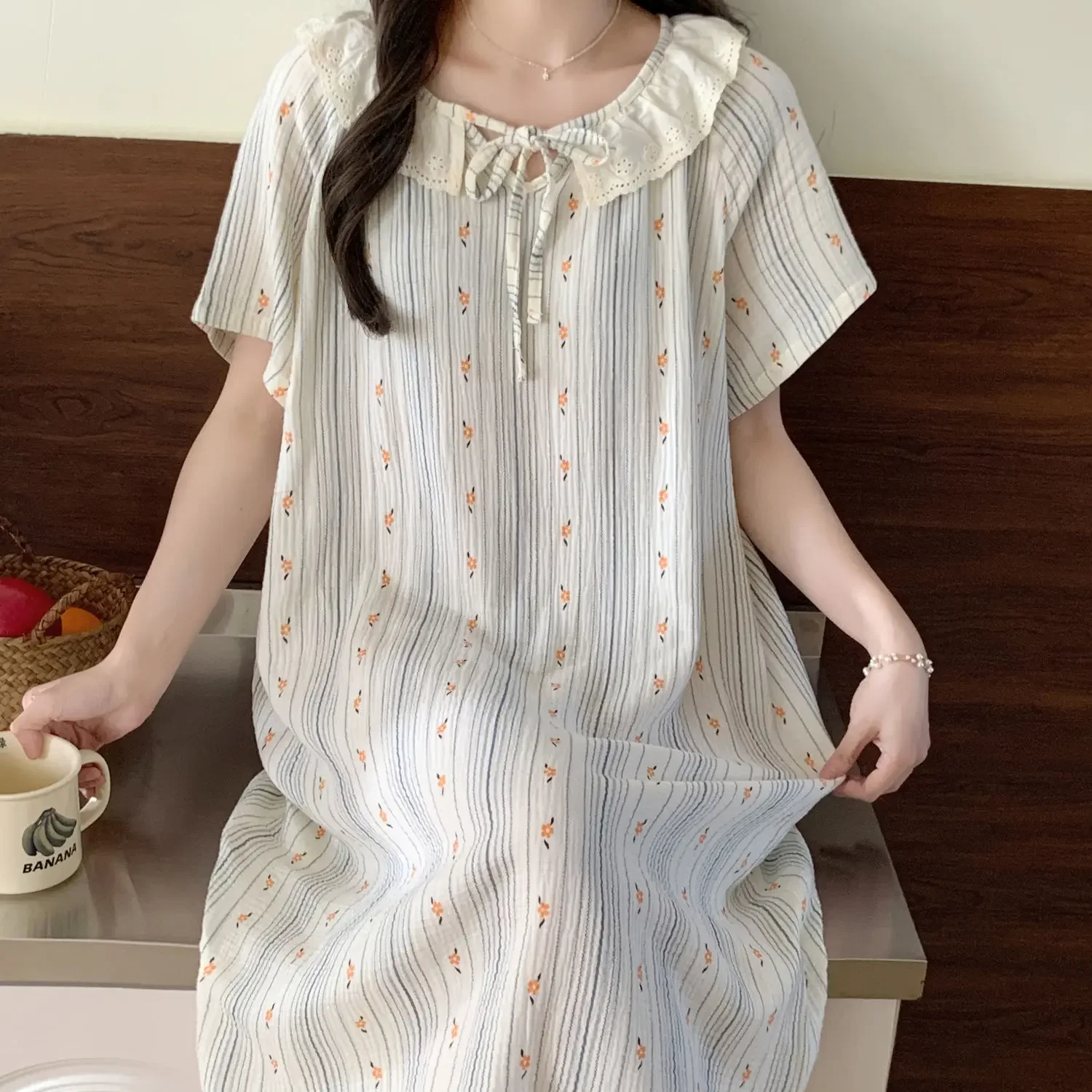 Floral Striped Sleepwear Womens Korean Style NightgownOne Piece Pajama Summer  Lace Short Sleeve Night Dress Home Wear 2024 New