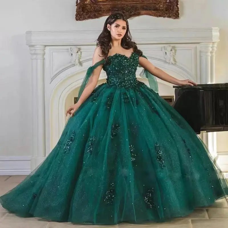 

ANGELSBRIDEP темно-зеленое бальное платье, платья для Quinceanera, кружевное платье с открытыми плечами и аппликацией из кристаллов, милое платье 16, платье для 15 лет