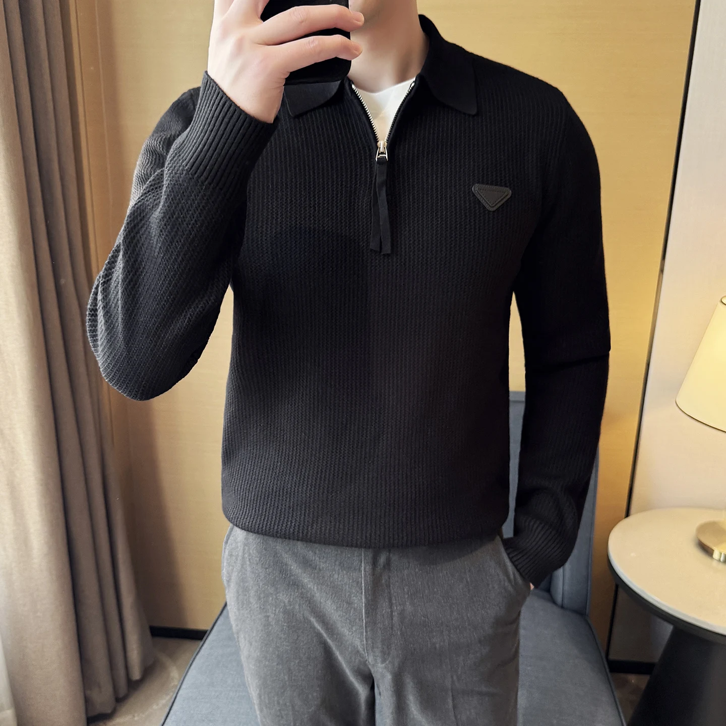 Men's Half Zipper Design Lapel Sweater Fashionable Slim Fit Knit Sweater Business Casual Solid Color Versatile Pullover