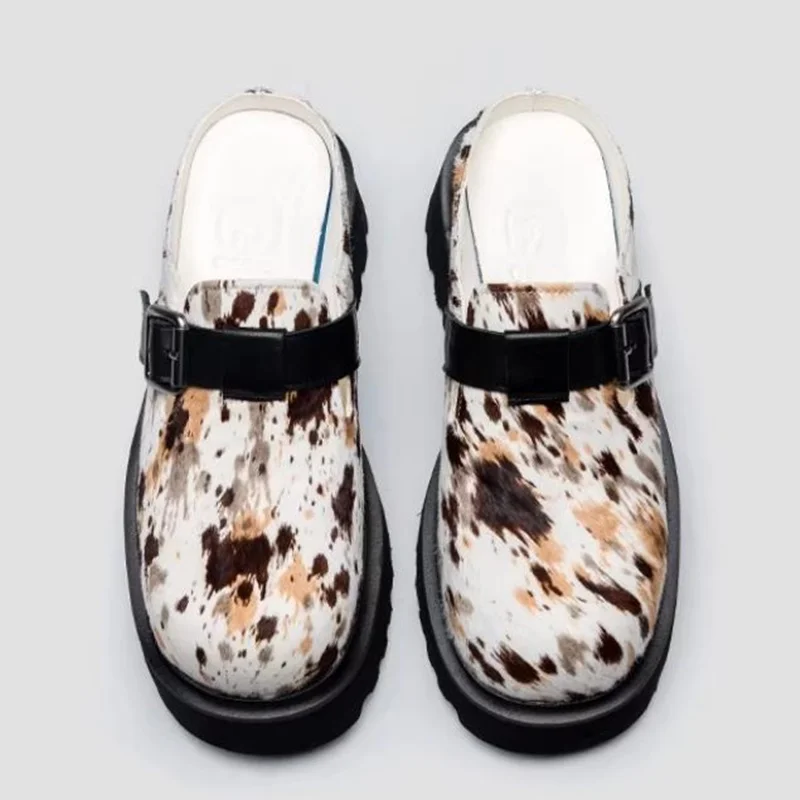 Horsehair Loafers Man Leather Casual Slippers Summer Men's Sandals Height Incearsing Shoes Men Buckle Shoes Mules Slippers