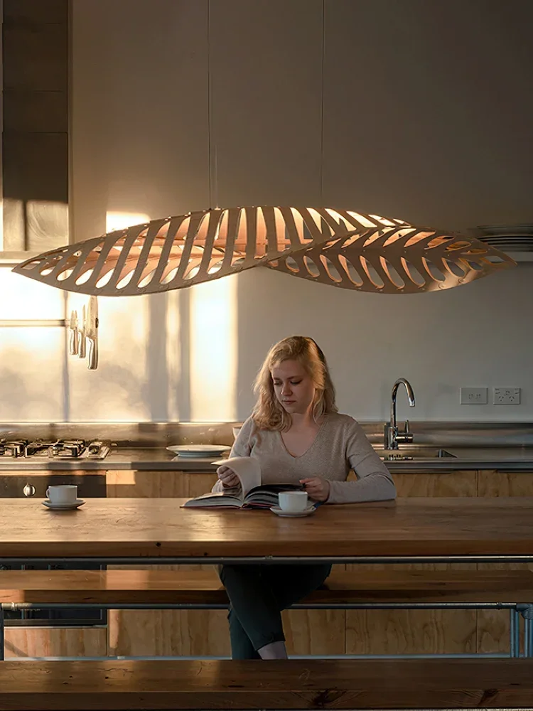 Nordic Wabi Sabi Fish Bone Wood Ceiling Pendant Light Home Deco Living Room Led Chandelier Bar Cafe Hanging Lamp Lustre Fixture