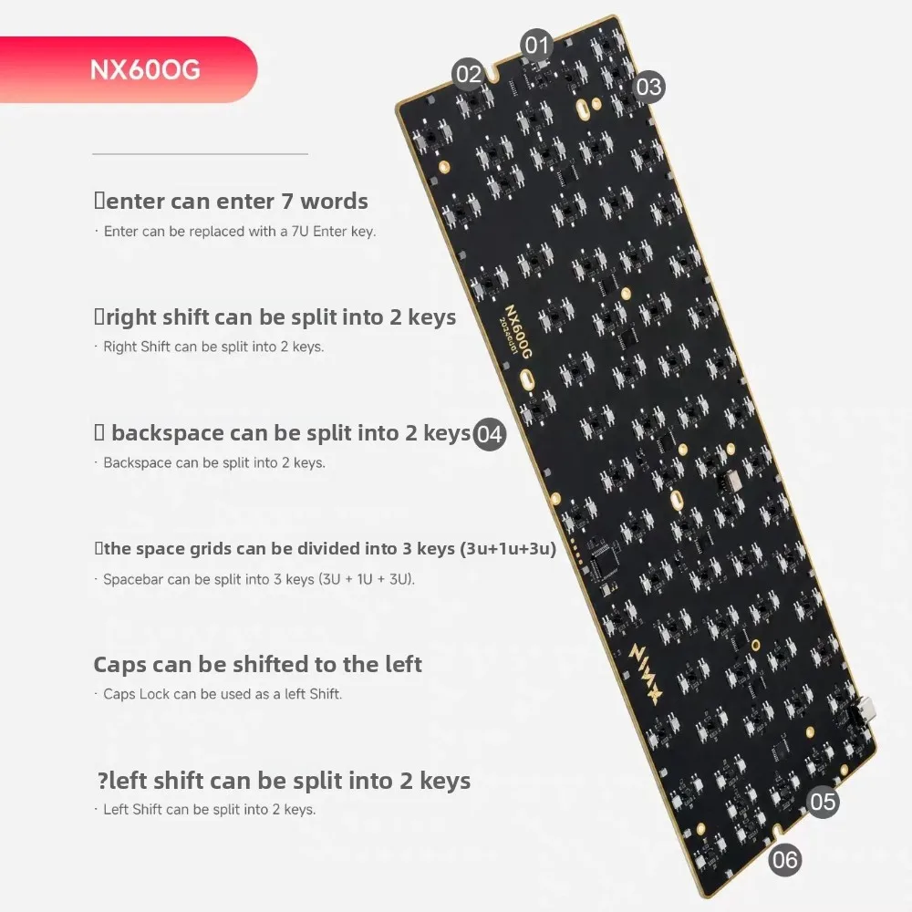 Magnetic Switch Keyboard PCB 7U OG Layout 8KHz Polling Rate 0.01mm Rapid Trigger SOCD Web Driver for 60% Custom Gaming Keyboard