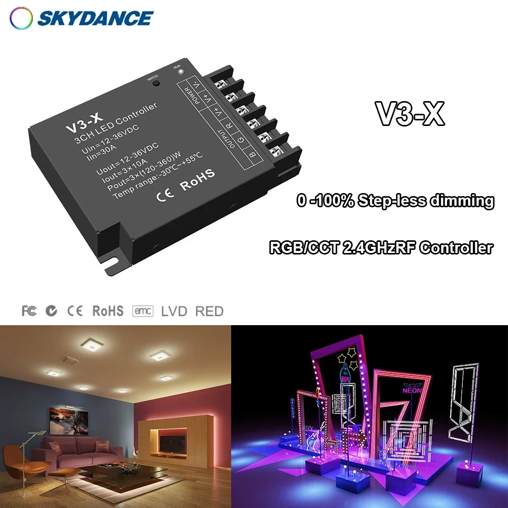 

12-36V V3-X 2.4GRF Constant voltage Step-less PWM Dimming Wireless remote control/Auto-transmitting/Synchronize RGB Controller