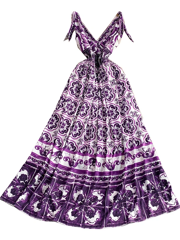 فستان نسائي متوسط ​​الطول بدون أكمام برقبة على شكل حرف v وطباعة أرجوانية وخصر مرن تنورة واسعة نمط التنقل عالي الخصر فستان صيف...