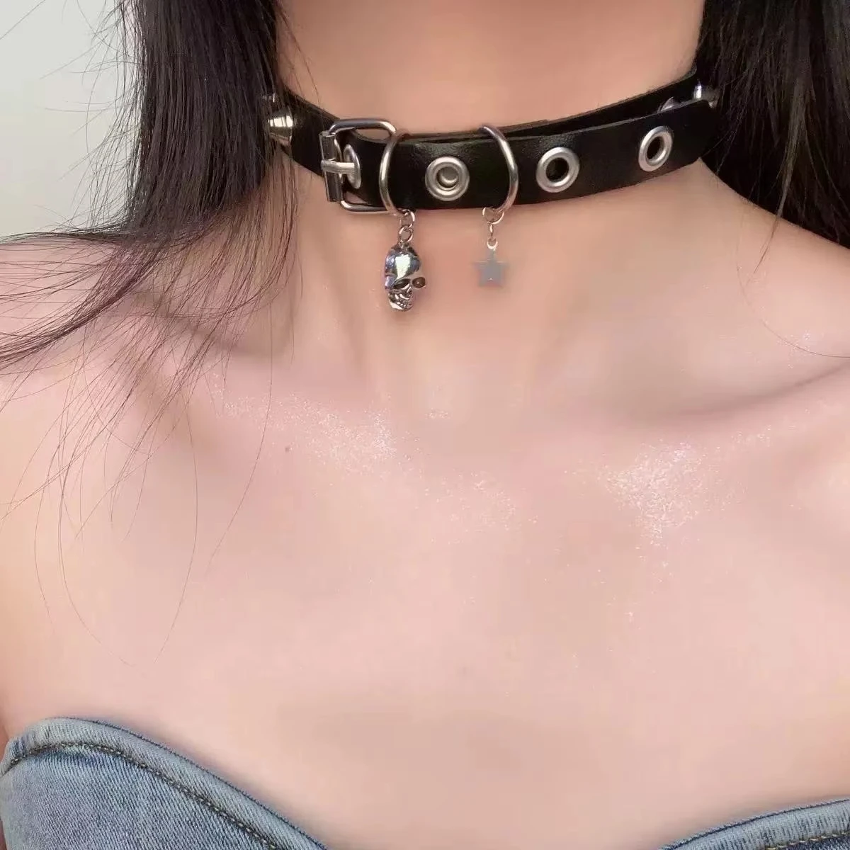 Punk Personality Collar, Dark Rock, Spicy Girl, Pentagram, Skeleton, Pu Leather Necklace, Choker Necklace