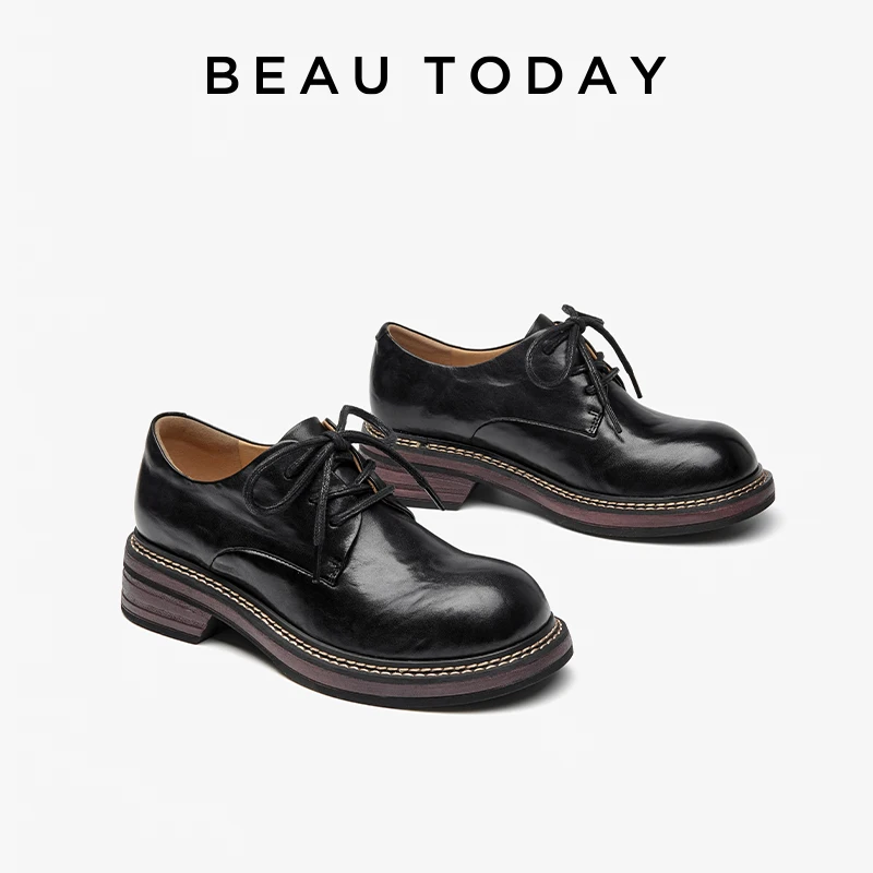 

BEAUTODAY Derby Shoes Women Genuine Cow Leather Solid Color Lace-up Sewing Classic 2024 Spring Ladies Shoes Handmade 21984