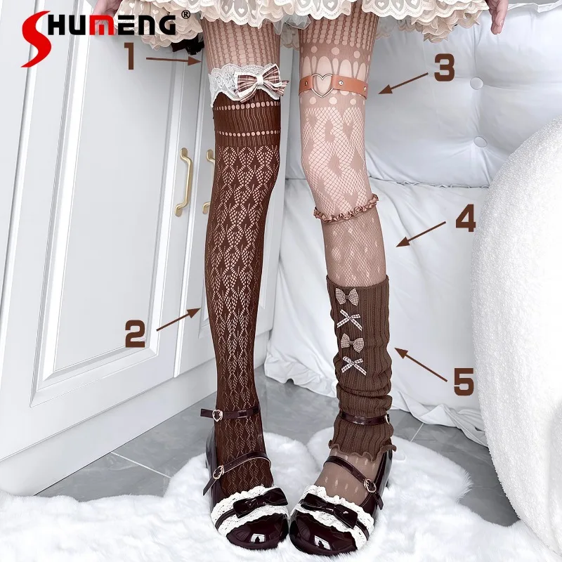 

Dark Black Japanese Stockings Gothic Stacked Asymmetrical Love Hollow Bottom Tights Lolita Lace Over Knee Socks Bow Leg Warmers