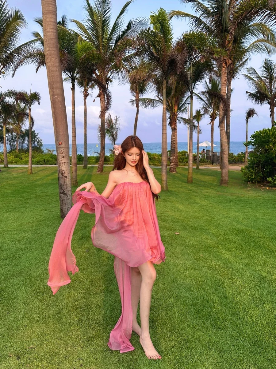 Vestido corto sin mangas con fajín rosa para mujer, estilo coreano, línea A, para verano, playa, vacaciones, estilo adelgazante