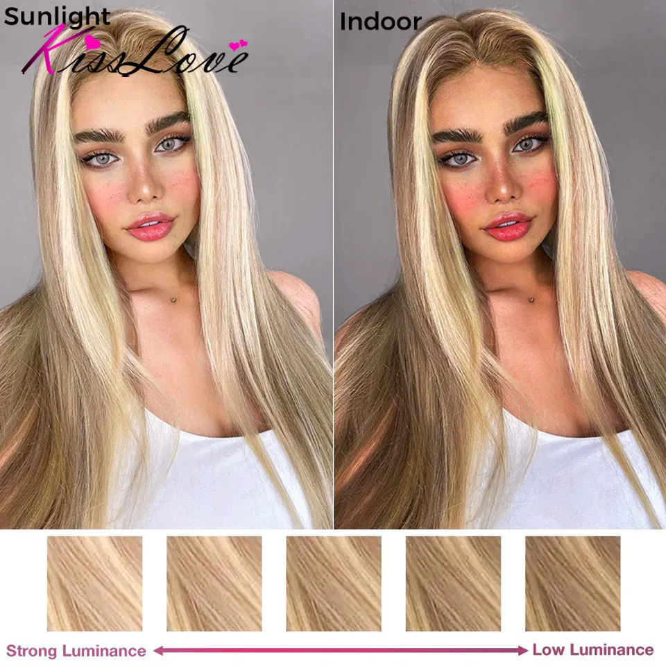 3S Installieren Sie blonde Balayage auf braunem Highlight, vorgeschnittene 4x4 5x5 Spitzenverschluss-Perücken, gerade, leimlose Perücke, Echthaar, bereit zum Tragen