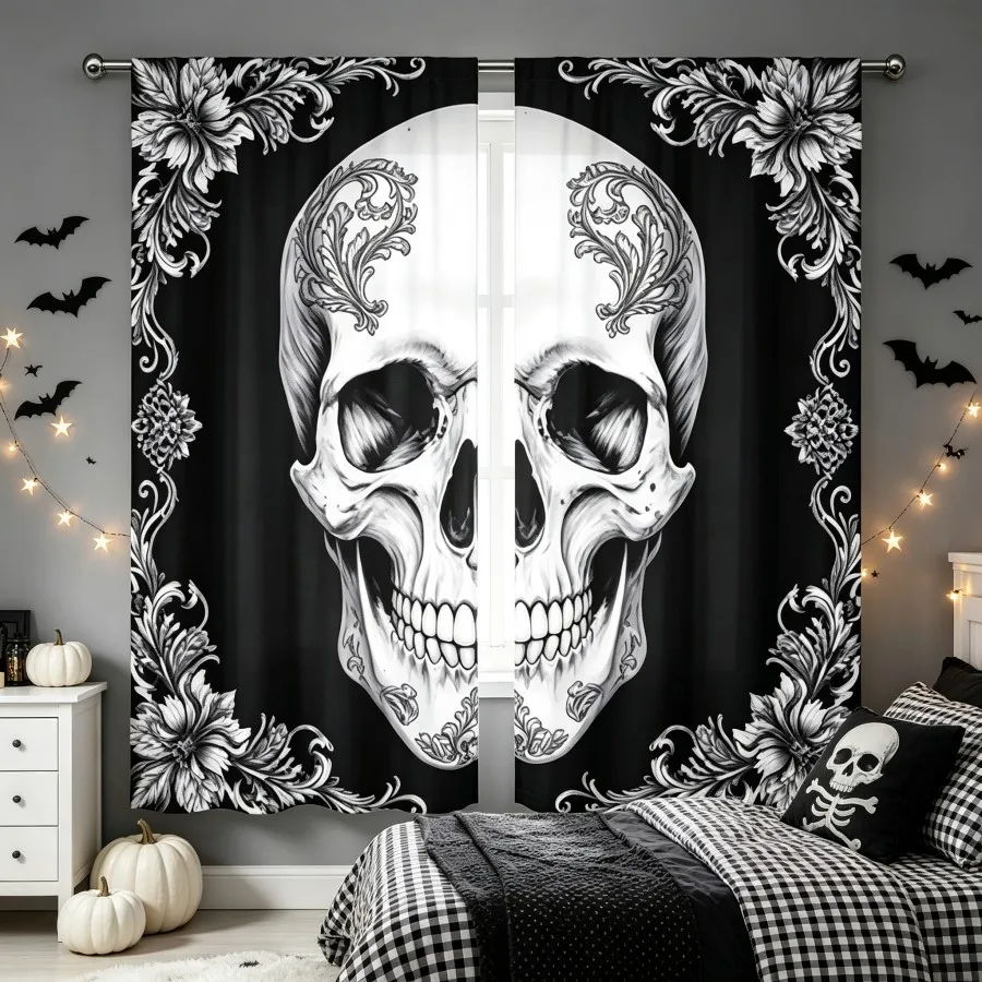 2PCS Digital Print Curtain, Flower Frame Skull Gothic, Dark Romantic Floral Vintage for Living Room Bedroom Kitchen Decor