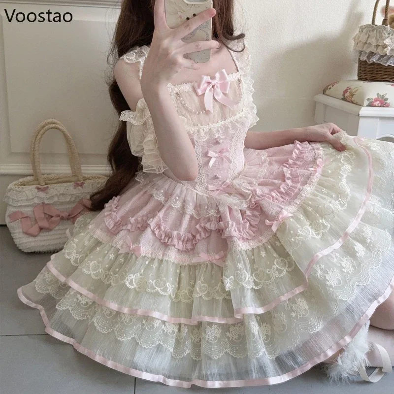 IMU Japanese Kawaii Lolita Jsk Dress Women Sweet Bow Lace Ruffles Princess Dress Ballet Girls Vintage Tea Party Fairy Mini Dress